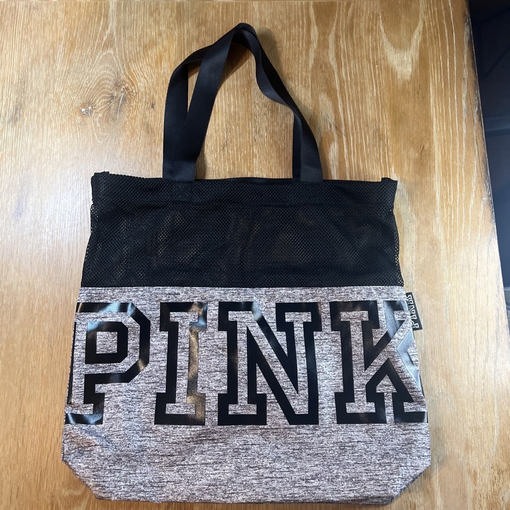 Victoria's Secret PINK Gray/Black Mesh Top Tote Bag 17 X 16"